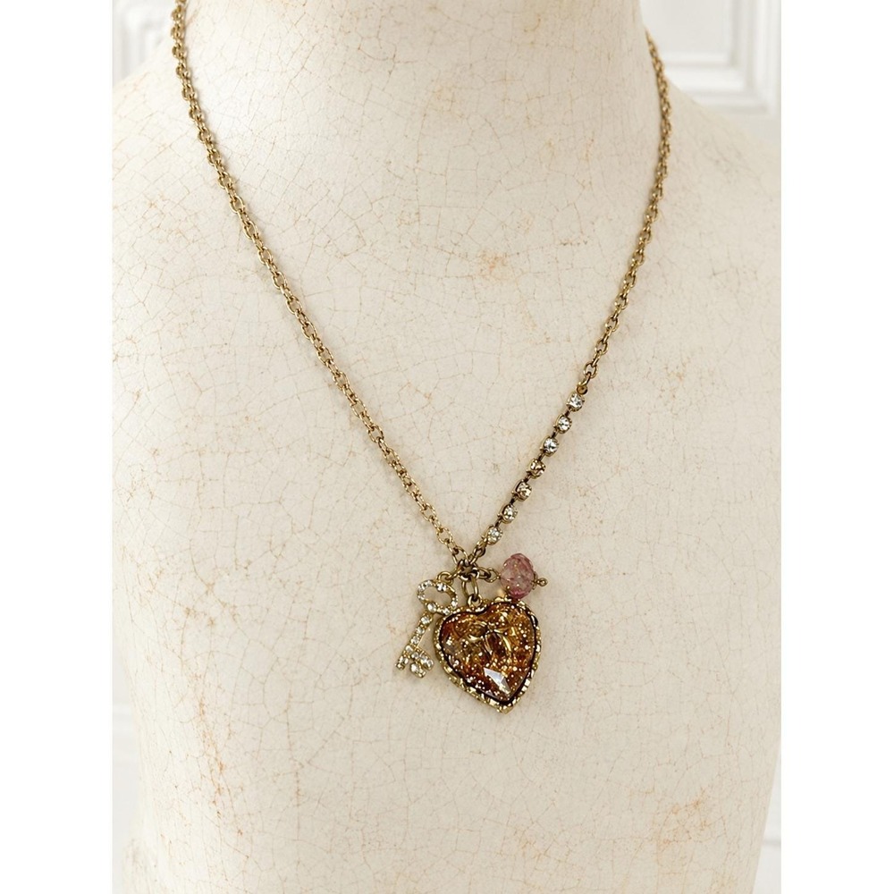Vintage Betsey Johnson Rhinestone Key Heart Necklace Gold Glitter Puffy Charm